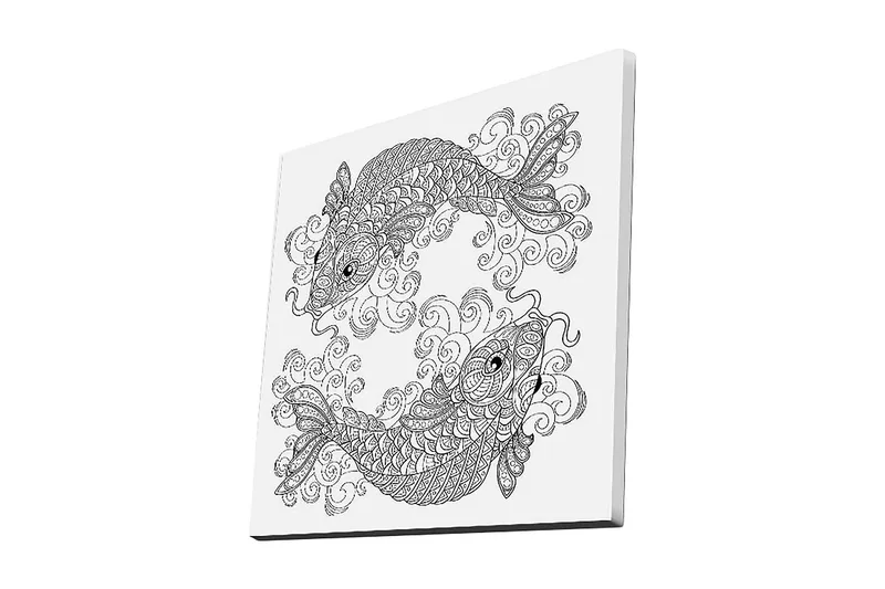 Canvas-taulu 45x45 cm - Kaksi tyyliteltyä kalaa dynaamisessa sommitelmassa, Musta / Valkoinen