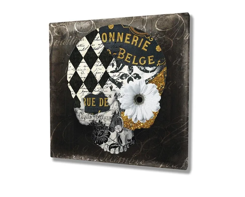 Canvas-taulu 45x45 cm - Kallo kukilla ja geometrisilla kuvioilla - Musta / Valkoinen / Keltainen - Sisustustuotteet - Taulu & taide - Canvas-taulu