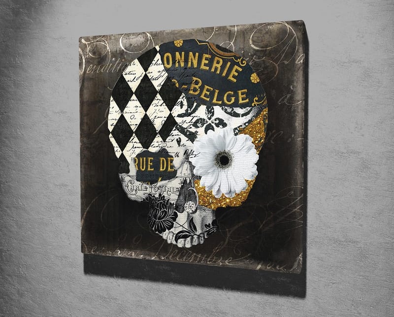 Canvas-taulu 45x45 cm - Kallo kukilla ja geometrisilla kuvioilla - Musta / Valkoinen / Keltainen - Sisustustuotteet - Taulu & taide - Canvas-taulu