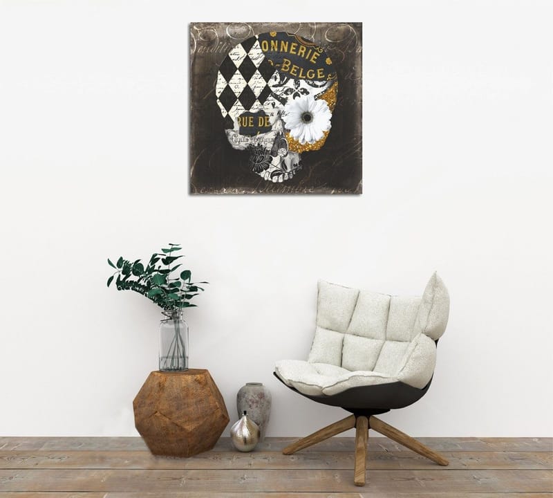 Canvas-taulu 45x45 cm - Kallo kukilla ja geometrisilla kuvioilla, Musta / Valkoinen / Keltainen