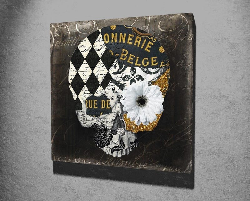 Canvas-taulu 45x45 cm - Kallo kukilla ja geometrisilla kuvioilla - Musta / Valkoinen / Keltainen - Sisustustuotteet - Taulu & taide - Canvas-taulu