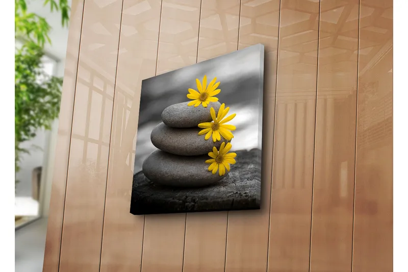Canvas-taulu 45x45 cm - Kasa harmaita kiviä ja keltaisia kukkia - Harmaa / Keltainen - Sisustustuotteet - Taulu & taide - Canvas-taulu