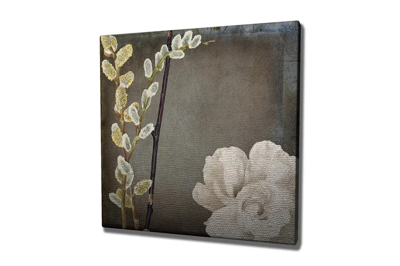 Canvas-taulu 45x45 cm - Kaunis kukkien ja oksien sommitelma, Valkoinen / Harmaa / Beige