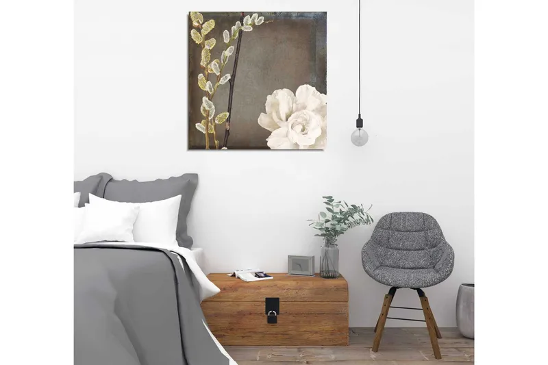 Canvas-taulu 45x45 cm - Kaunis kukkien ja oksien sommitelma - Valkoinen / Harmaa / Beige - Sisustustuotteet - Taulu & taide - Canvas-taulu