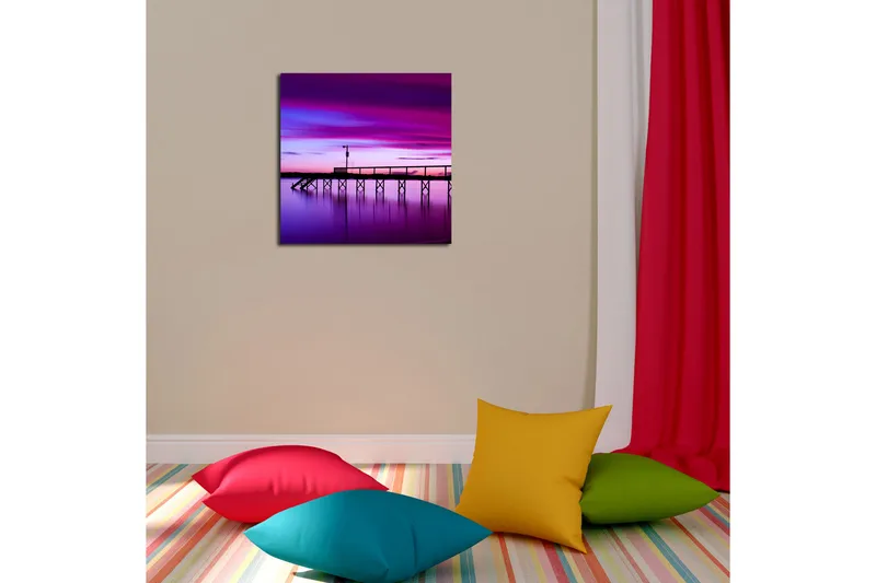 Canvas-taulu 45x45 cm - Kaunis laituri auringonlaskun aikaan värikkäällä taivaalla - Violetti / Vaaleanpunainen / Sininen - Sisustustuotteet - Taulu & taide - Canvas-taulu