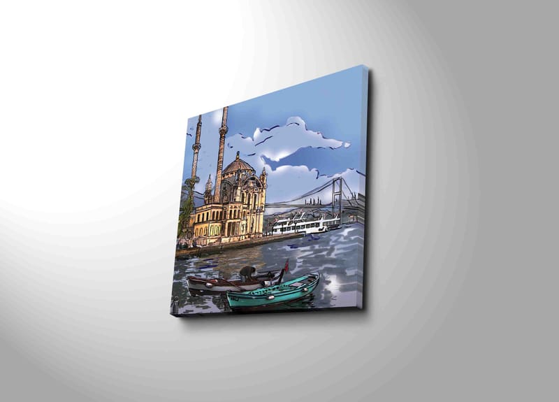 Canvas-taulu 45x45 cm - Kaunis näkymä historiallisesta moskeijasta veden äärellä, veneet etualalla - Sininen / Beige / Vihreä - Sisustustuotteet - Taulu & taide - Canvas-taulu