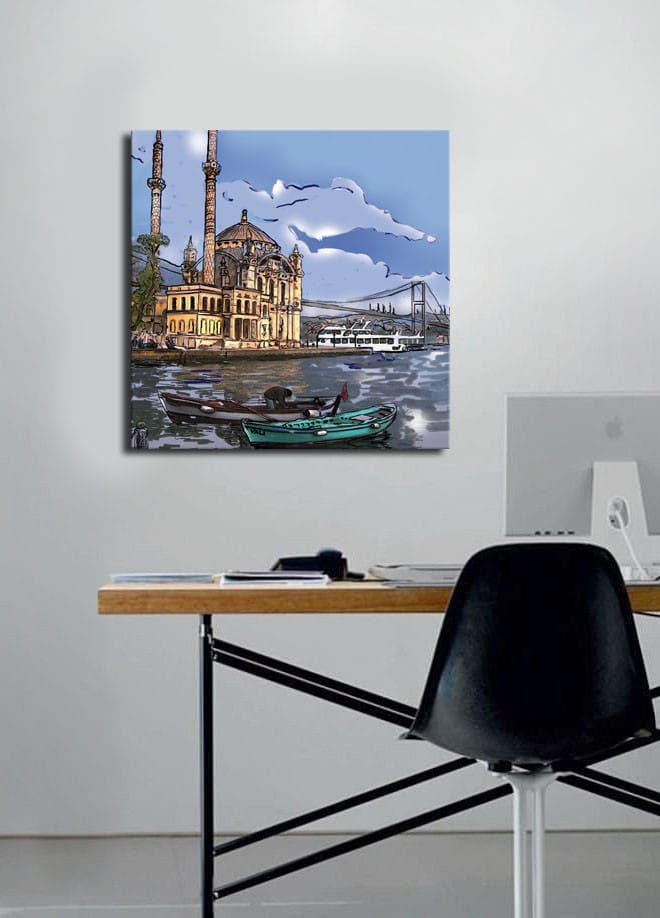 Canvas-taulu 45x45 cm - Kaunis näkymä historiallisesta moskeijasta veden äärellä, veneet etualalla - Sininen / Beige / Vihreä - Sisustustuotteet - Taulu & taide - Canvas-taulu