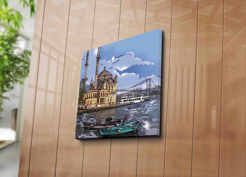 Canvas-taulu 45x45 cm - Kaunis näkymä historiallisesta moskeijasta veden äärellä, veneet etualalla - Sininen / Beige / Vihreä - Sisustustuotteet - Taulu & taide - Canvas-taulu