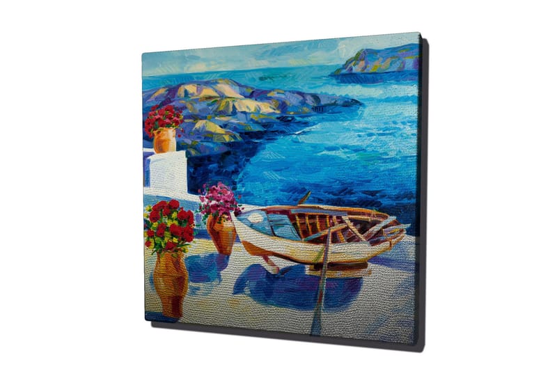 Canvas-taulu 45x45 cm - Kaunis rannikkomaisema ja vene meren rannalla - Sininen / Valkoinen / Punainen - Sisustustuotteet - Taulu & taide - Canvas-taulu