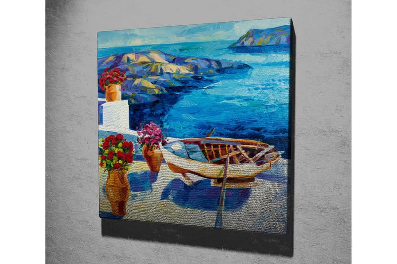 Canvas-taulu 45x45 cm - Kaunis rannikkomaisema ja vene meren rannalla - Sininen / Valkoinen / Punainen - Sisustustuotteet - Taulu & taide - Canvas-taulu
