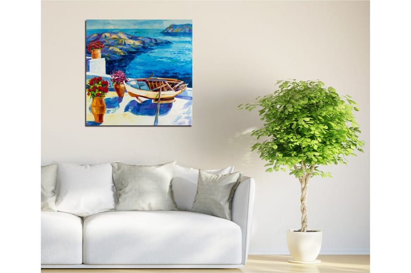 Canvas-taulu 45x45 cm - Kaunis rannikkomaisema ja vene meren rannalla - Sininen / Valkoinen / Punainen - Sisustustuotteet - Taulu & taide - Canvas-taulu