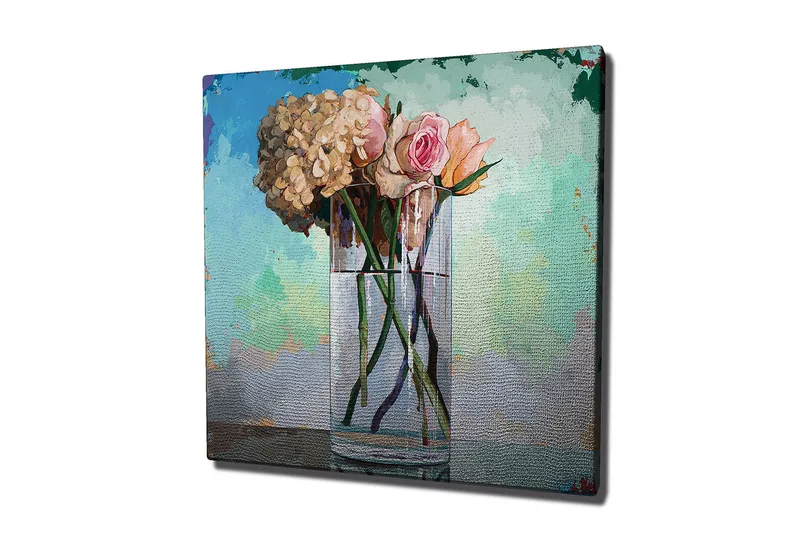 Canvas-taulu 45x45 cm - Kaunis ruusu- ja hortensiakimppu lasimaljakossa, Vaaleanpunainen / Beige / Vihreä
