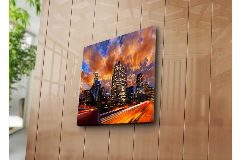 Canvas-taulu 45x45 cm - Kaupungin siluetti dramaattisen auringonlaskun aikaan - Oranssi / Sininen / Harmaa - Sisustustuotteet - Taulu & taide - Canvas-taulu