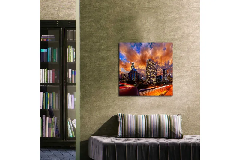 Canvas-taulu 45x45 cm - Kaupungin siluetti dramaattisen auringonlaskun aikaan - Oranssi / Sininen / Harmaa - Sisustustuotteet - Taulu & taide - Canvas-taulu