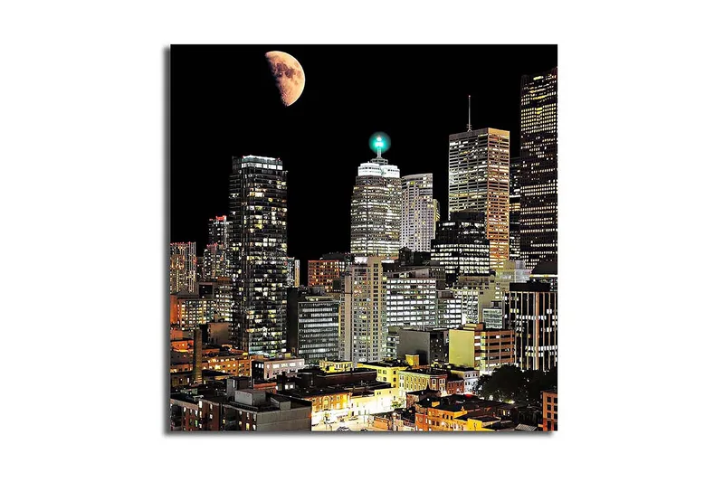 Canvas-taulu 45x45 cm - Kaupungin siluetti ja kuu yöllä, Musta / Harmaa / Vaaleansininen
