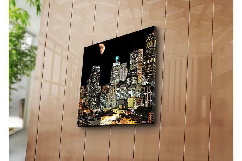 Canvas-taulu 45x45 cm - Kaupungin siluetti ja kuu yöllä - Musta / Harmaa / Vaaleansininen - Sisustustuotteet - Taulu & taide - Canvas-taulu