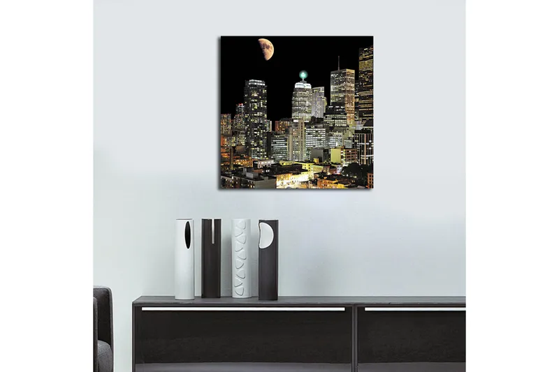 Canvas-taulu 45x45 cm - Kaupungin siluetti ja kuu yöllä - Musta / Harmaa / Vaaleansininen - Sisustustuotteet - Taulu & taide - Canvas-taulu