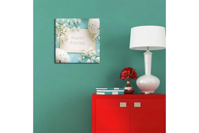 Canvas-taulu 45x45 cm - Kevätpääsiäiskoristeet kukilla ja munilla - Vaaleansininen / Valkoinen / Harmaa - Sisustustuotteet - Taulu & taide - Canvas-taulu