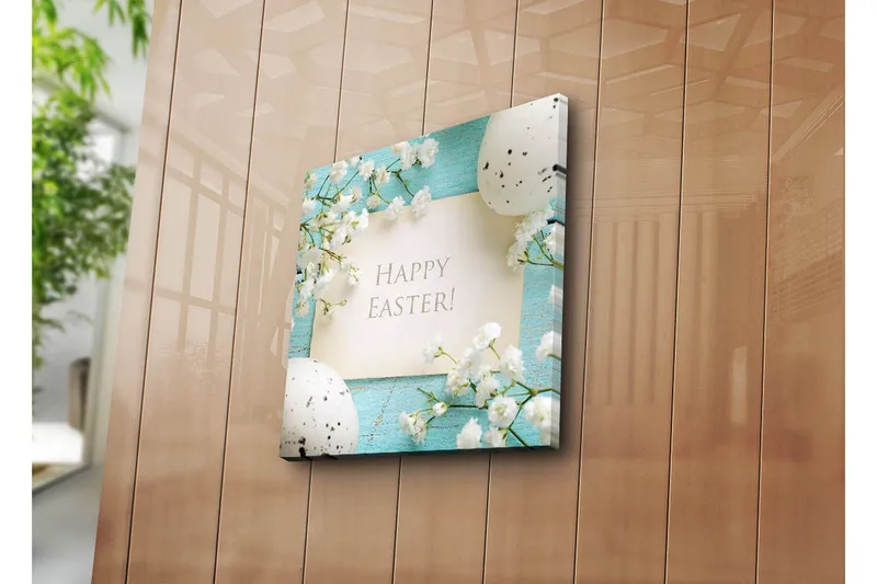 Canvas-taulu 45x45 cm - Kevätpääsiäiskoristeet kukilla ja munilla, Vaaleansininen / Valkoinen / Harmaa