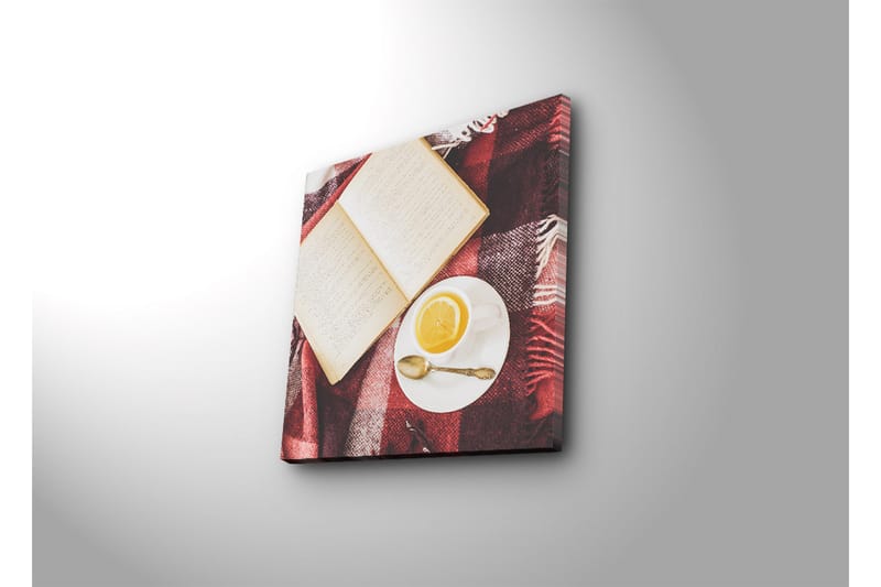 Canvas-taulu 45x45 cm - Kirja ja kuppi teetä ruutupeitolla - Punainen / Valkoinen / Beige - Sisustustuotteet - Taulu & taide - Canvas-taulu