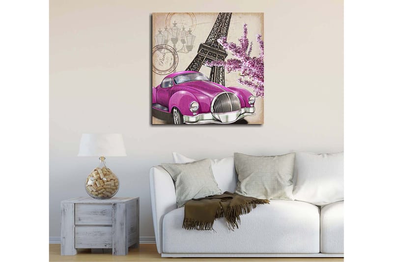 Canvas-taulu 45x45 cm - Kirkkaan violetti vintage-auto Eiffel-tornin ja kukkien kanssa taustalla - Violetti / Vaaleanpunainen / Harmaa - Sisustustuotteet - Taulu & taide - Canvas-taulu