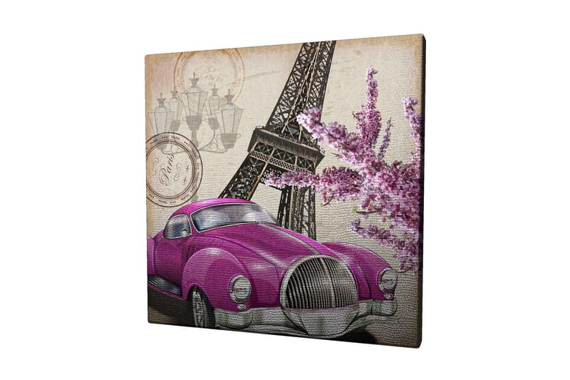 Canvas-taulu 45x45 cm - Kirkkaan violetti vintage-auto Eiffel-tornin ja kukkien kanssa taustalla - Violetti / Vaaleanpunainen / Harmaa - Sisustustuotteet - Taulu & taide - Canvas-taulu
