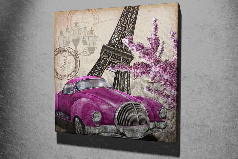 Canvas-taulu 45x45 cm - Kirkkaan violetti vintage-auto Eiffel-tornin ja kukkien kanssa taustalla, Violetti / Vaaleanpunainen / Harmaa