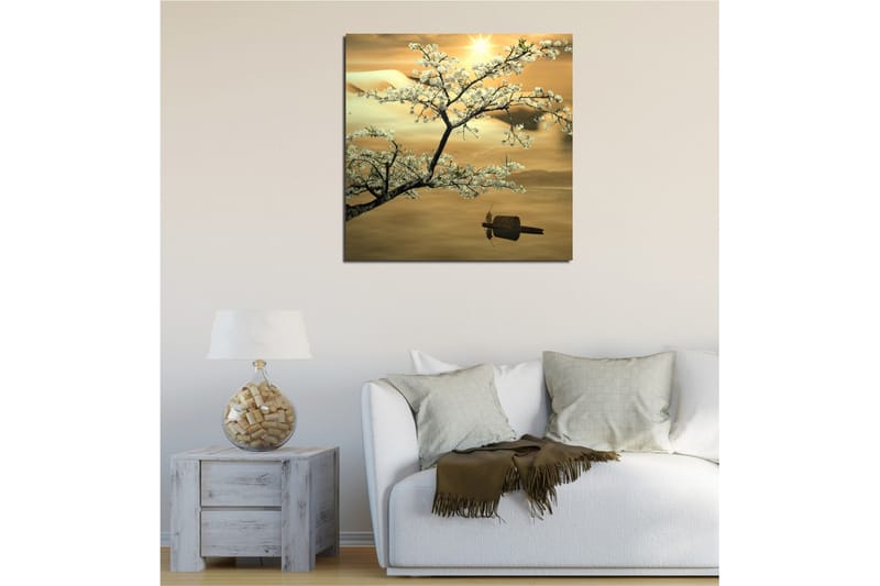 Canvas-taulu 45x45 cm - Kirsikankukkia auringonlaskun aikaan - Valkoinen / Kulta / Vihreä - Sisustustuotteet - Taulu & taide - Canvas-taulu