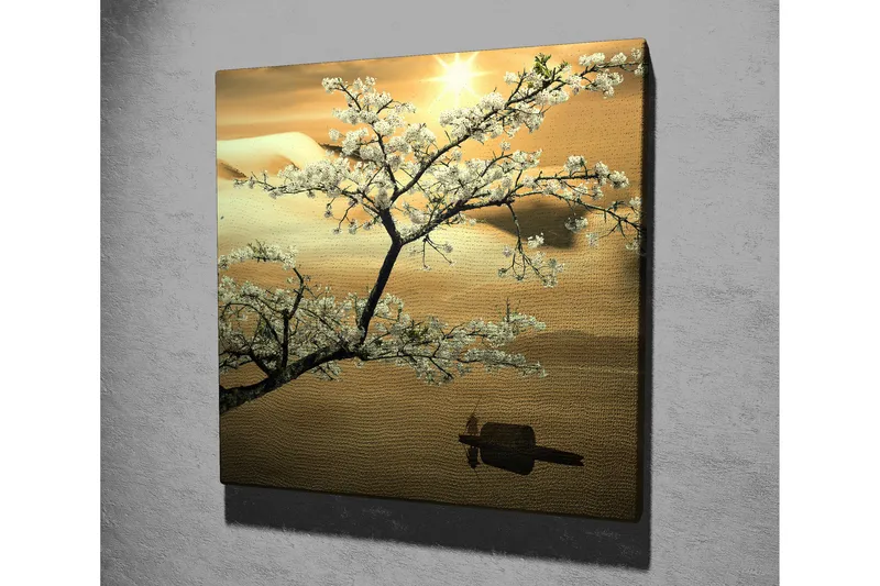 Canvas-taulu 45x45 cm - Kirsikankukkia auringonlaskun aikaan - Valkoinen / Kulta / Vihreä - Sisustustuotteet - Taulu & taide - Canvas-taulu