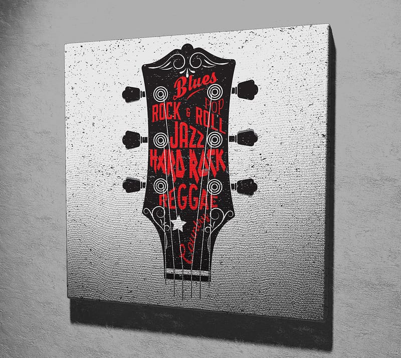 Canvas-taulu 45x45 cm - Kitaran pää, jossa musiikkityylit keskitytään - Musta / Punainen / Valkoinen - Sisustustuotteet - Taulu & taide - Canvas-taulu