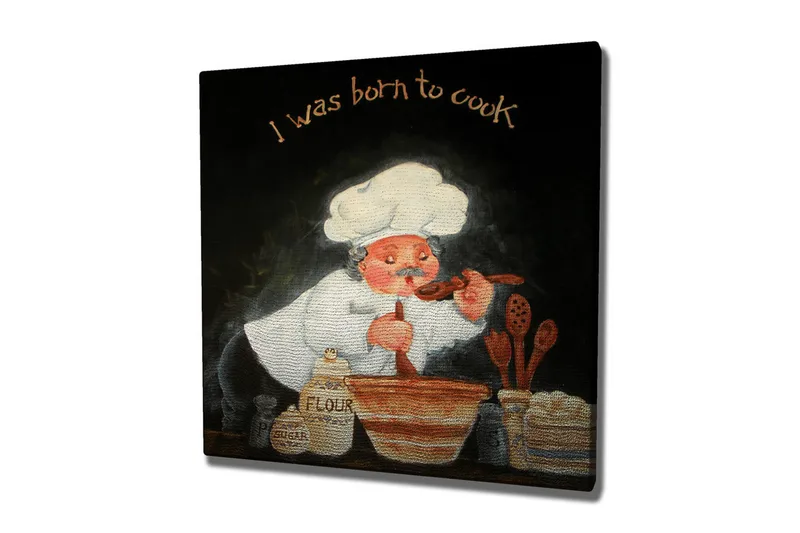 Canvas-taulu 45x45 cm - Kokki sekoittaa kulhoon aineksia, Valkoinen / Oranssi / Musta