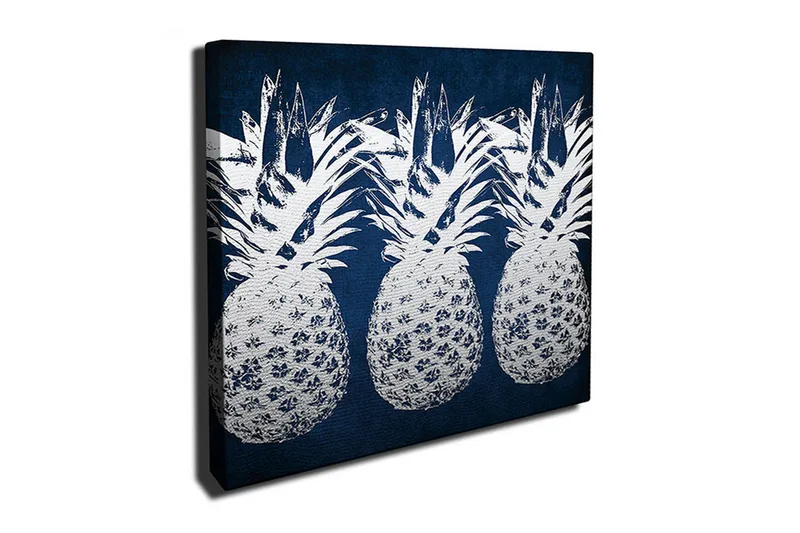 Canvas-taulu 45x45 cm - Kolme ananasta tyylikkäässä kuosissa, Tummansininen / Valkoinen
