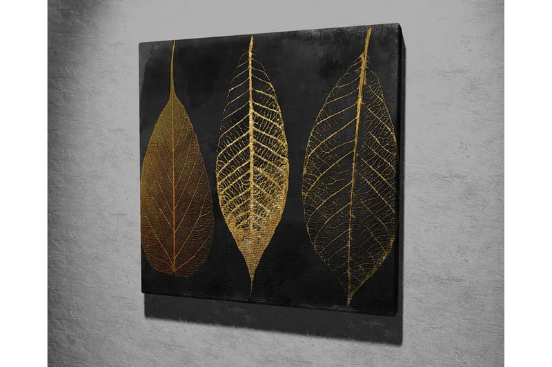 Canvas-taulu 45x45 cm - Kolme tyyliteltyä kultaista lehteä mustalla taustalla - Kulta / Musta - Sisustustuotteet - Taulu & taide - Canvas-taulu