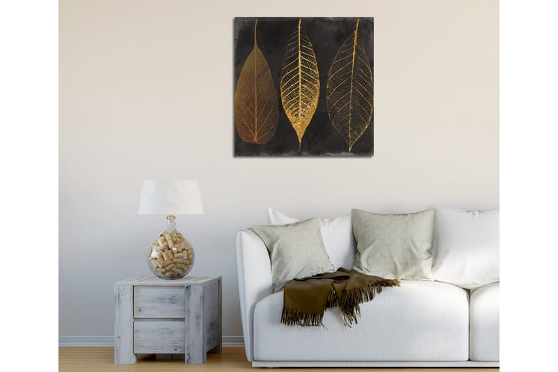 Canvas-taulu 45x45 cm - Kolme tyyliteltyä kultaista lehteä mustalla taustalla - Kulta / Musta - Sisustustuotteet - Taulu & taide - Canvas-taulu
