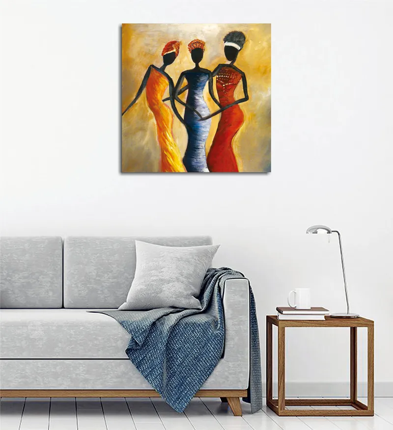 Canvas-taulu 45x45 cm - Kolme tyyliteltyä naista värikkäissä mekoissa, Punainen / Keltainen / Musta