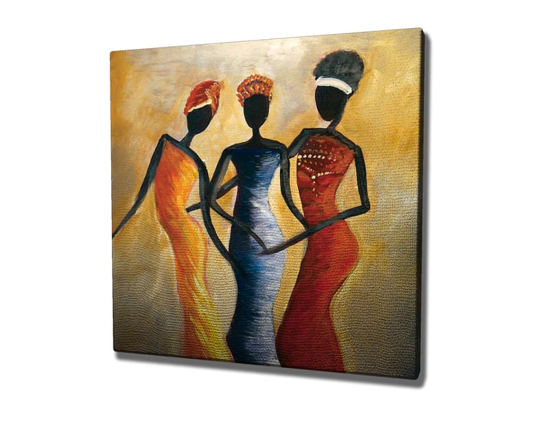 Canvas-taulu 45x45 cm - Kolme tyyliteltyä naista värikkäissä mekoissa - Punainen / Keltainen / Musta - Sisustustuotteet - Taulu & taide - Canvas-taulu