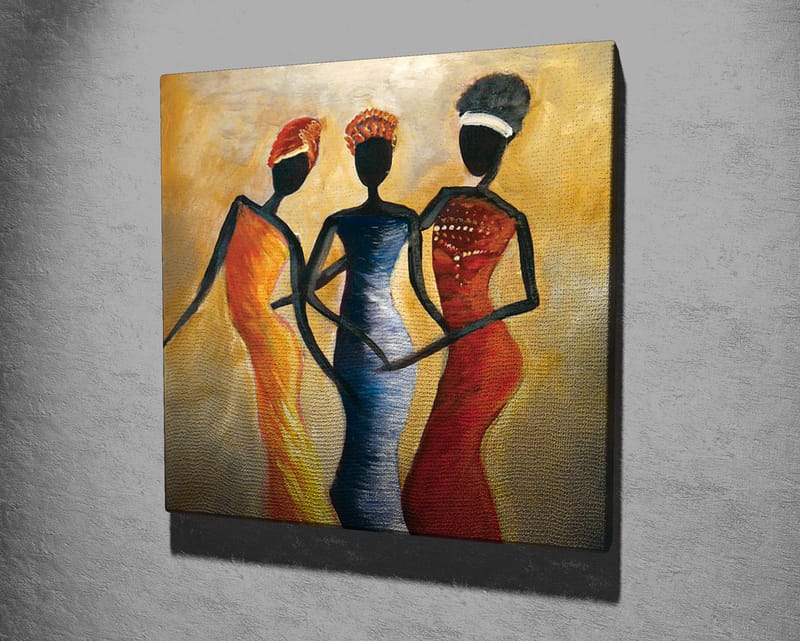Canvas-taulu 45x45 cm - Kolme tyyliteltyä naista värikkäissä mekoissa - Punainen / Keltainen / Musta - Sisustustuotteet - Taulu & taide - Canvas-taulu