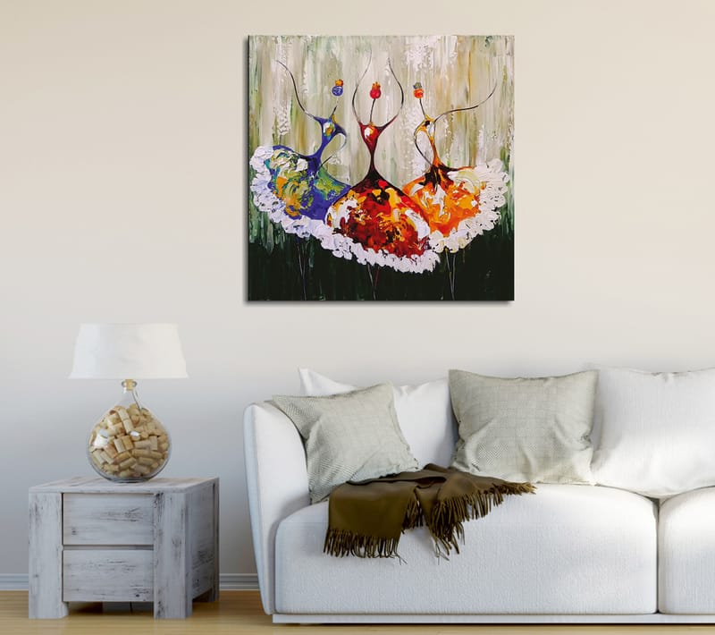 Canvas-taulu 45x45 cm - Kolme tyyliteltyä tanssijaa värikkäissä mekoissa - Punainen / Sininen / Oranssi - Sisustustuotteet - Taulu & taide - Canvas-taulu