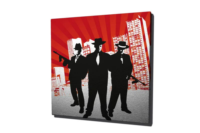 Canvas-taulu 45x45 cm - Kolmen puvuissa olevan miehen siluetit aseineen dramaattista taustaa vasten, Punainen / Musta / Valkoinen