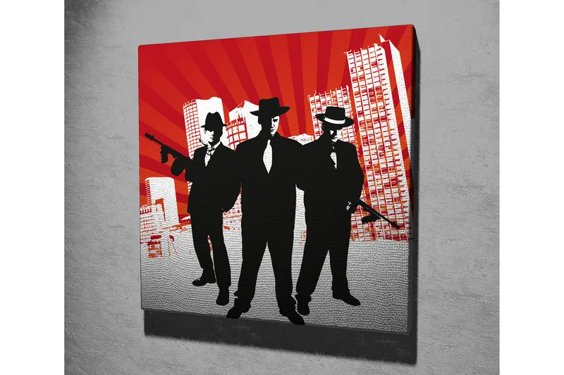 Canvas-taulu 45x45 cm - Kolmen puvuissa olevan miehen siluetit aseineen dramaattista taustaa vasten - Punainen / Musta / Valkoinen - Sisustustuotteet - Taulu & taide - Canvas-taulu