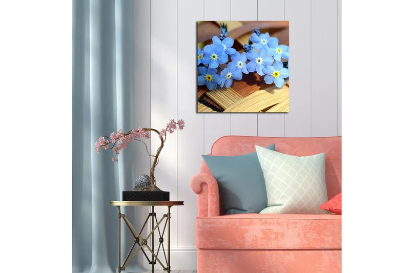 Canvas-taulu 45x45 cm - Kukka-asetelma unnikkei-kukista - Vaaleansininen / Keltainen / Valkoinen - Sisustustuotteet - Taulu & taide - Canvas-taulu