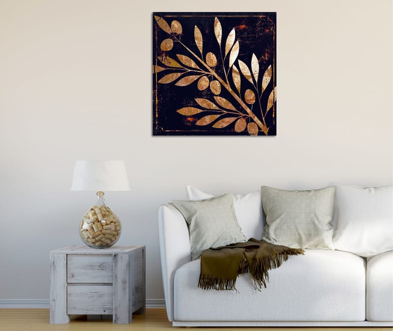 Canvas-taulu 45x45 cm - Kultainen kasviaihe lehdillä ja marjoilla tummalla pohjalla, Kulta / Tummansininen