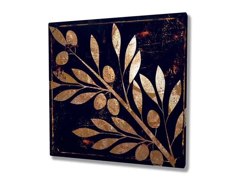 Canvas-taulu 45x45 cm - Kultainen kasviaihe lehdillä ja marjoilla tummalla pohjalla - Kulta / Tummansininen - Sisustustuotteet - Taulu & taide - Canvas-taulu