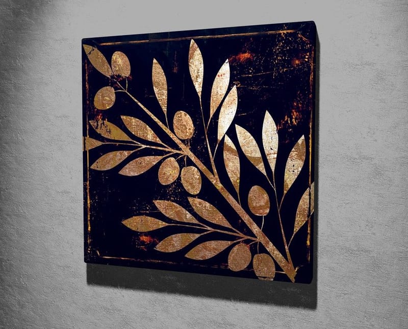 Canvas-taulu 45x45 cm - Kultainen kasviaihe lehdillä ja marjoilla tummalla pohjalla - Kulta / Tummansininen - Sisustustuotteet - Taulu & taide - Canvas-taulu