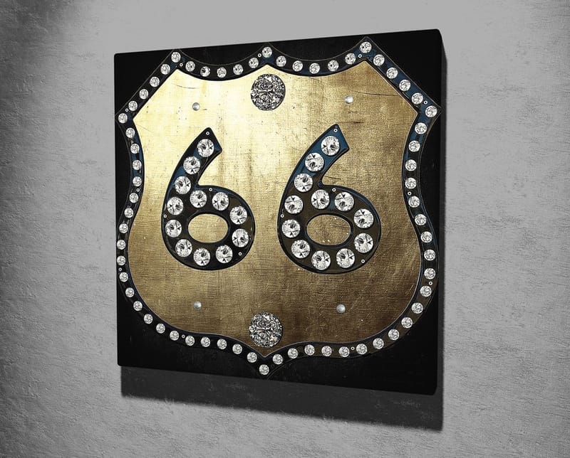 Canvas-taulu 45x45 cm - Kultainen kyltti numerolla 66, koristeltu kimaltelevilla kivillä - Kulta / Musta - Sisustustuotteet - Taulu & taide - Canvas-taulu