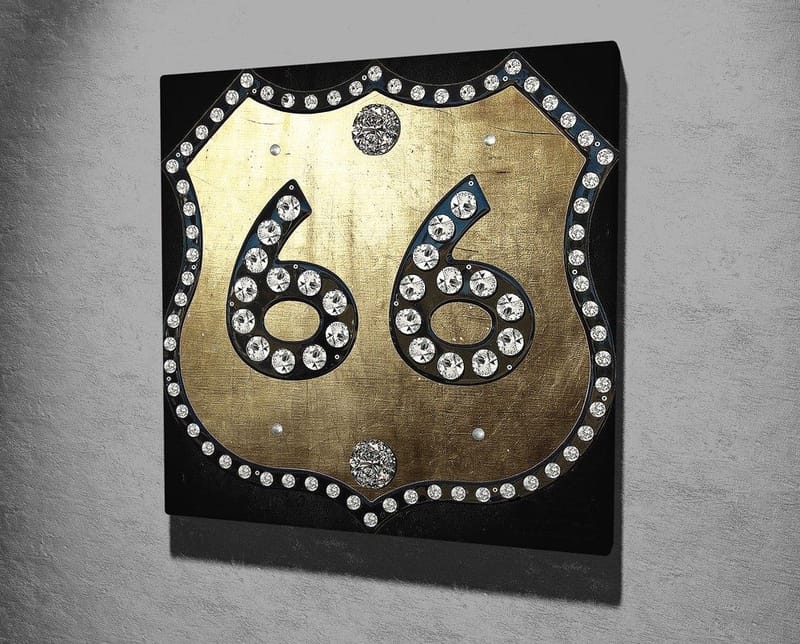 Canvas-taulu 45x45 cm - Kultainen kyltti numerolla 66, koristeltu kimaltelevilla kivillä - Kulta / Musta - Sisustustuotteet - Taulu & taide - Canvas-taulu