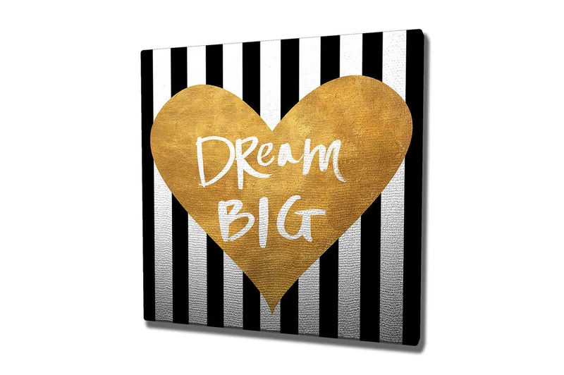 Canvas-taulu 45x45 cm - Kultainen sydän inspiroivalla tekstillä, Kulta / Musta / Valkoinen