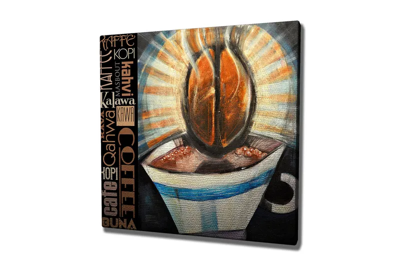 Canvas-taulu 45x45 cm - Kuppi kahvia ja kahvipapuja keskipisteenä - Ruskea / Musta / Sininen - Sisustustuotteet - Taulu & taide - Canvas-taulu