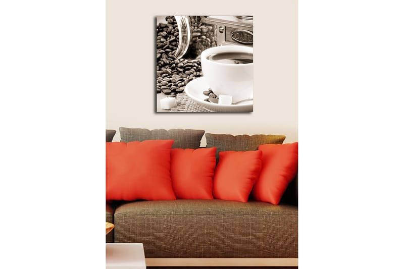Canvas-taulu 45x45 cm - Kuppi kahvia kahvipapujen ja sokeripalojen ympäröimänä - Ruskea / Valkoinen / Harmaa - Sisustustuotteet - Taulu & taide - Canvas-taulu