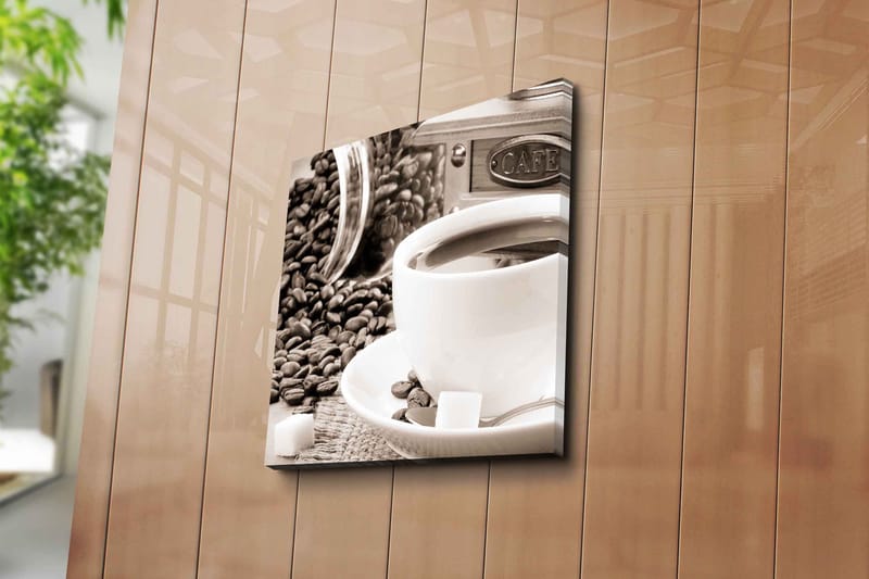 Canvas-taulu 45x45 cm - Kuppi kahvia kahvipapujen ja sokeripalojen ympäröimänä - Ruskea / Valkoinen / Harmaa - Sisustustuotteet - Taulu & taide - Canvas-taulu